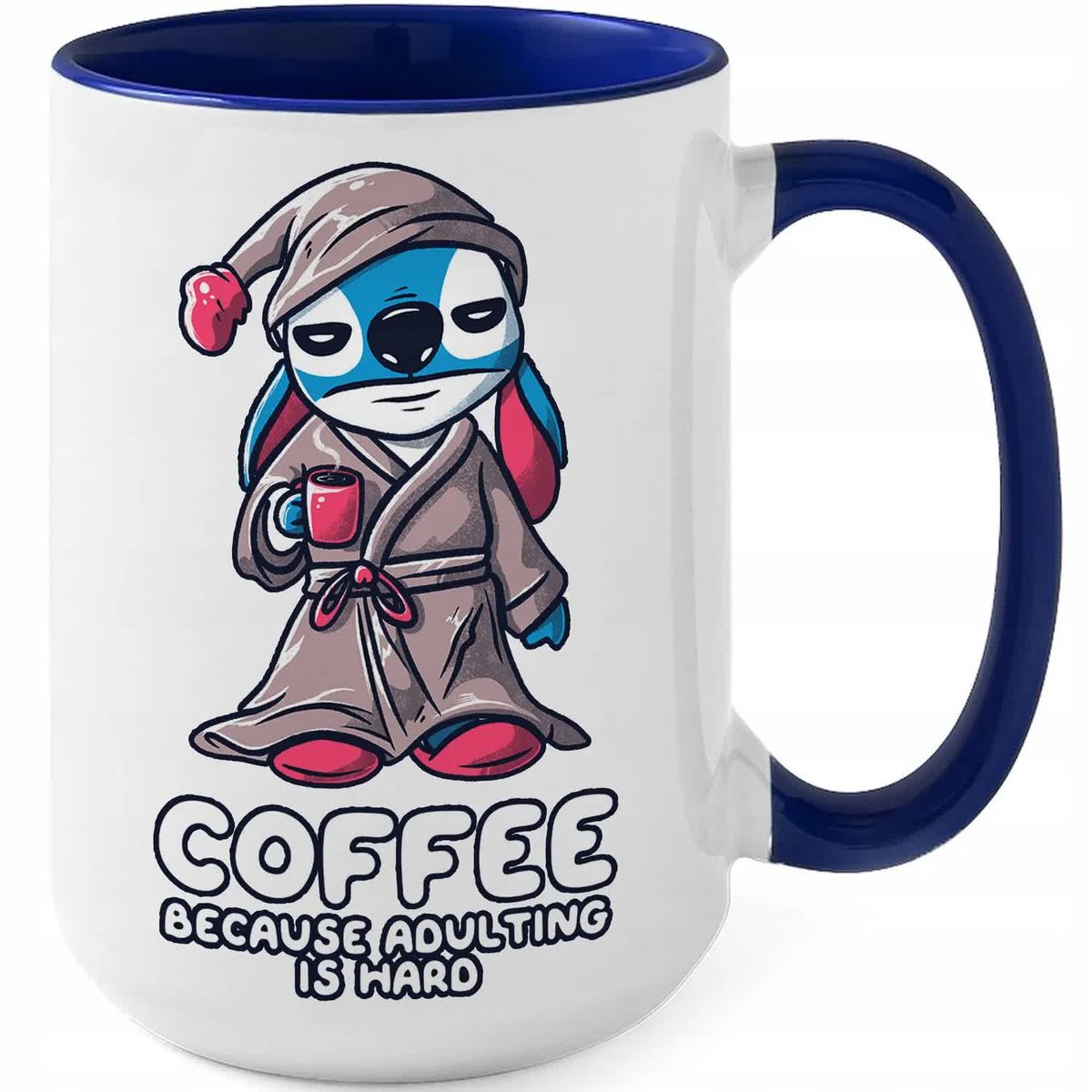 Kubek MEGA DUŻY GRANATOWY COFFE BECAUSE ADULTING IS HARD Zabawny WZORY