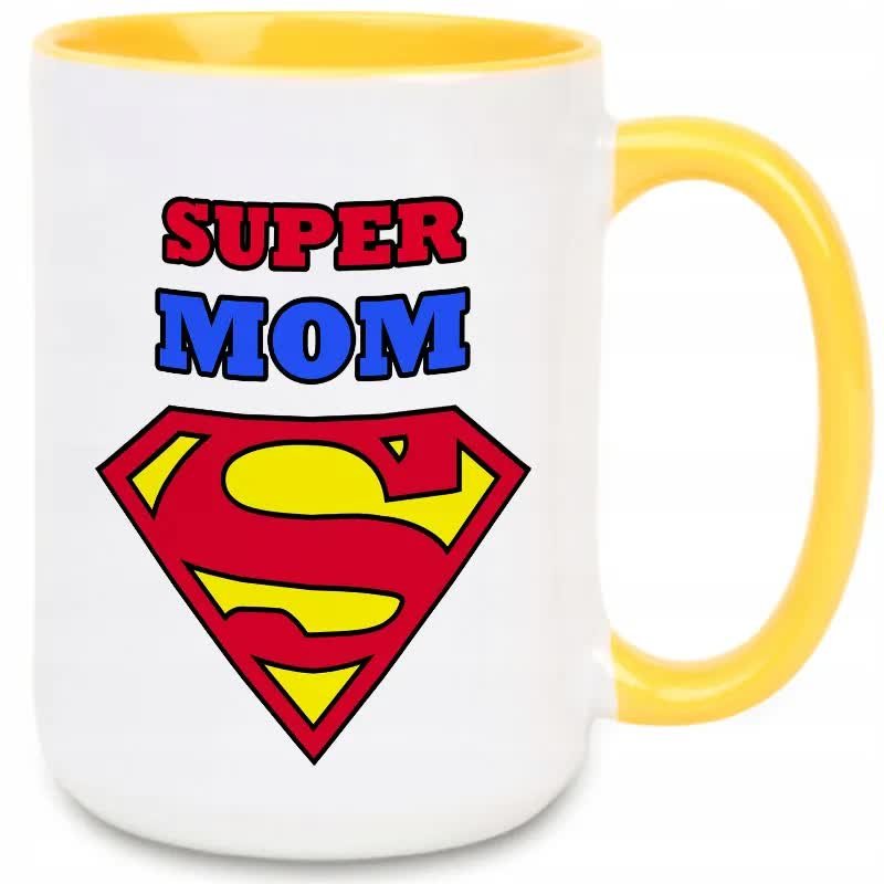 Kubek DUŻY Żółty SUPER MOM Na Prezent Dla Mamy Urodziny Święta Wzory