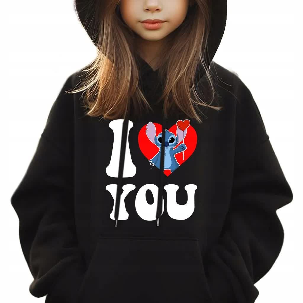 Bluza Dziecięca Kaptur Czarna Na Prezent Lilo Stich I Love You Wzory - 140