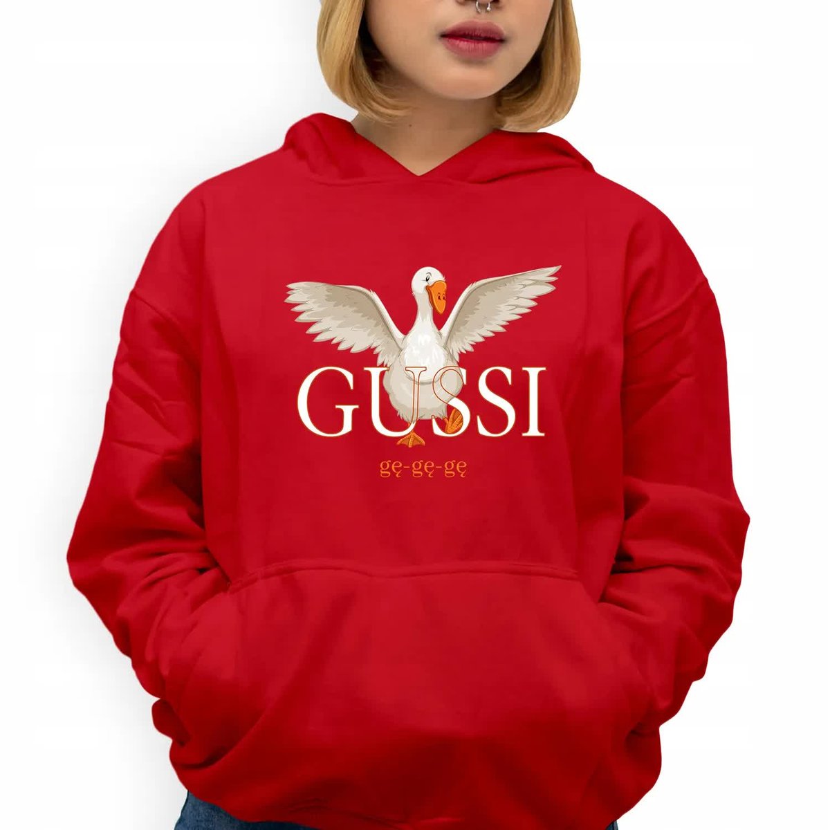 Bluza Damska Czerwona Z Kapturem Na Prezent Gęś Gussi Gę Gę Gę Wzory - Xl