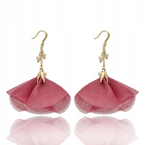 Kolczyki Jedwabne Eleganckie Z Białymi Perłami I Kryształkami Różowe Bigiel