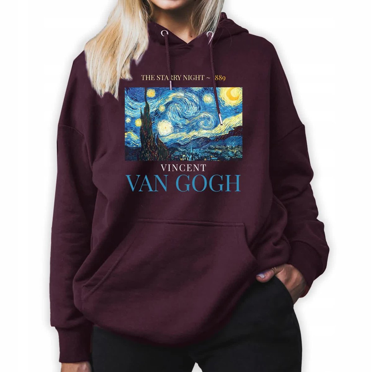 Bluza Damska Burgundowa Kaptur Impresja Malarstwo Sztuka Van Gogh Wzory - M