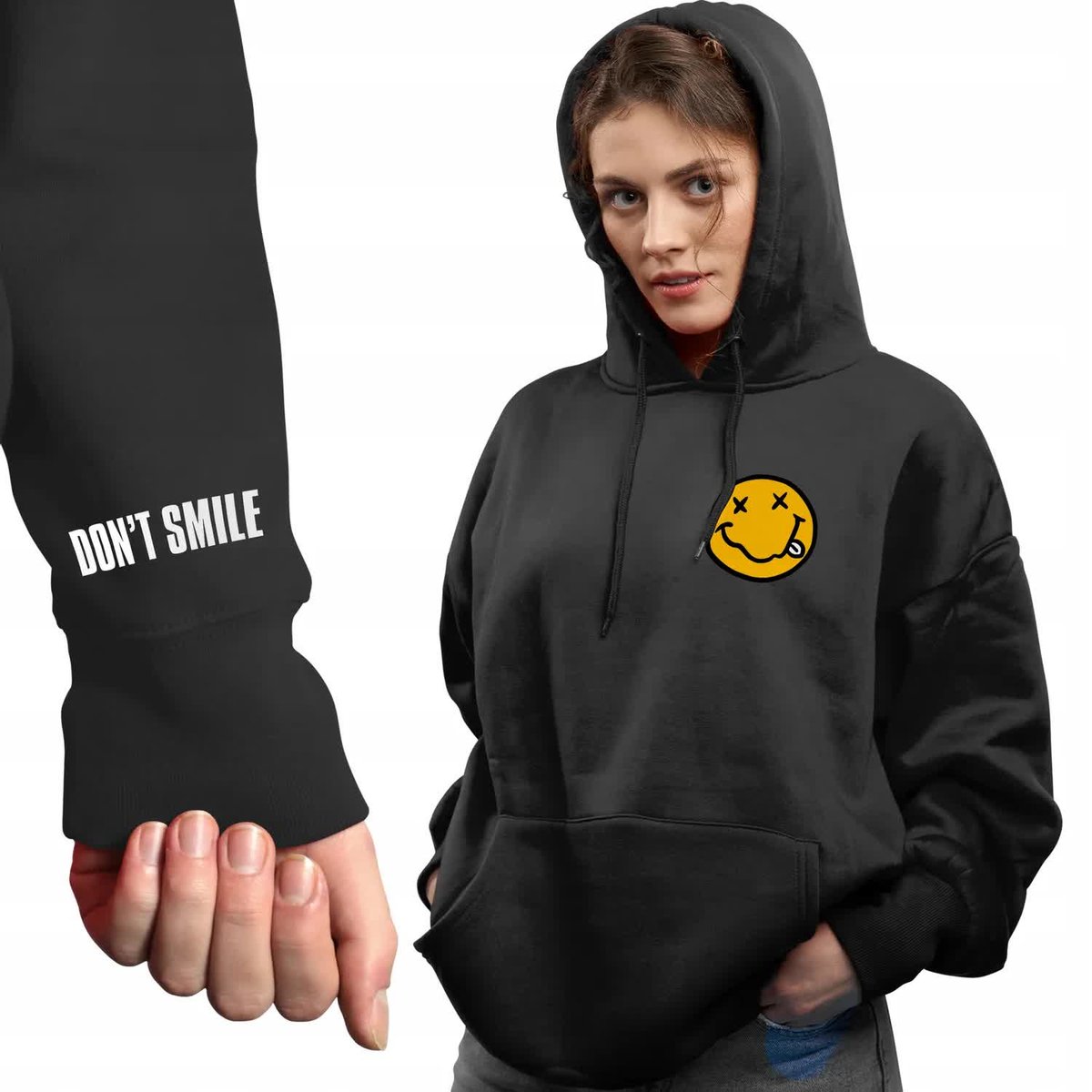 Modna Czarna Bluza Damska Z Kapturem Dont Smile Rozmiar Xxl Wiele Wzorów
