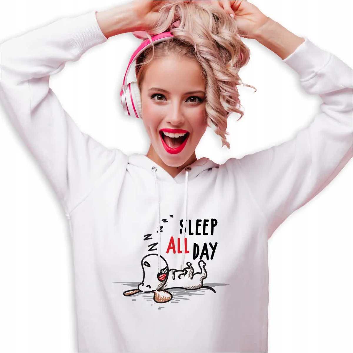 Bluza Damska Biała Z Kapturem Dla Fana Pieska Snoopy Sleep All Day Wzory S