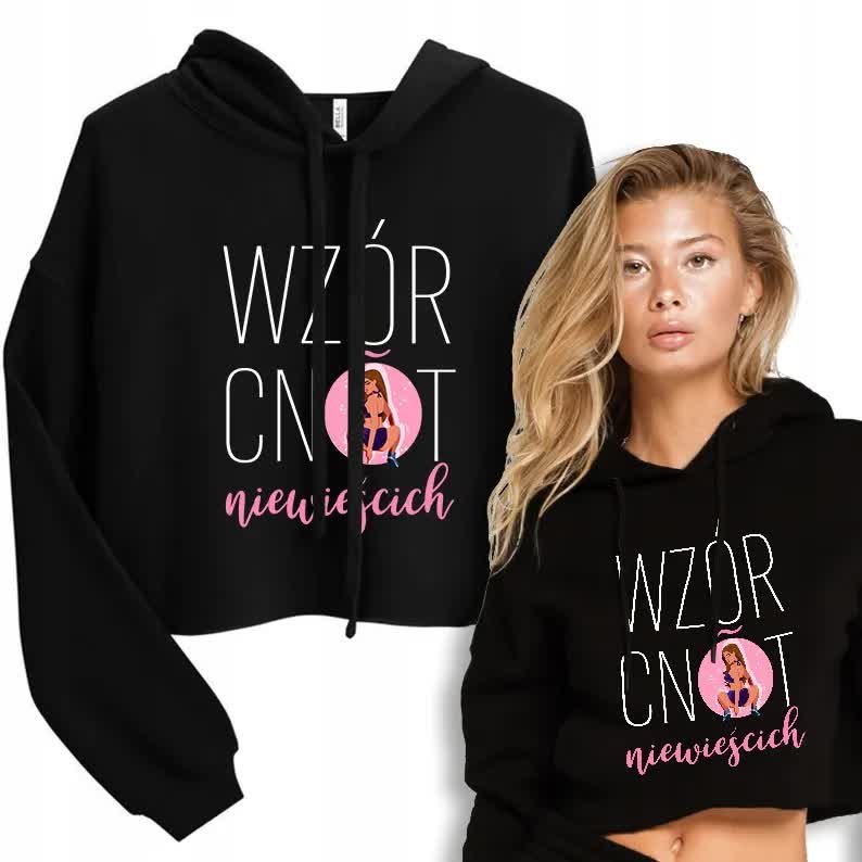 Bluza Damska Dresowa Krótka Czarna Z Kapturem Wzór Cnót Niewieścich Wz - L