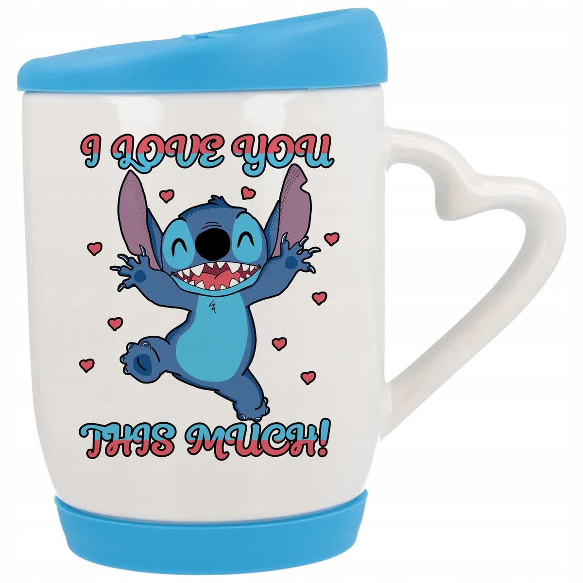 Kubek z Uchem z Sercem z Pokrywka Niebieska I LOVE YOU Stich Serca Wzory