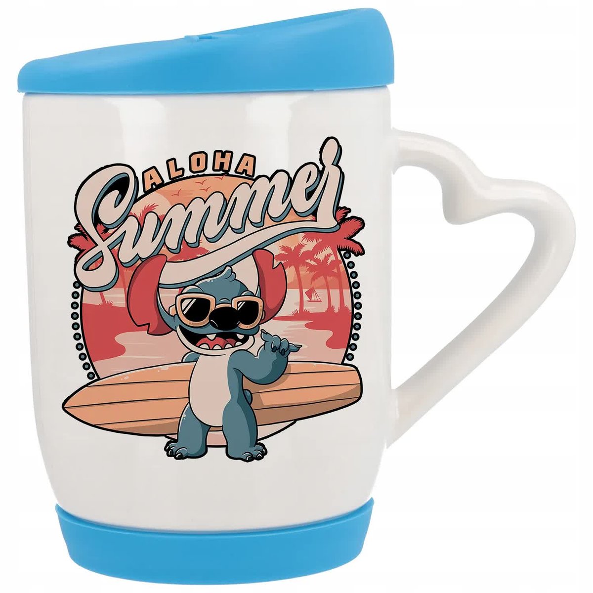 Kubek z Uchem z Sercem z Pokrywka Niebieska Aloha Summer Stich Lilo Wzory