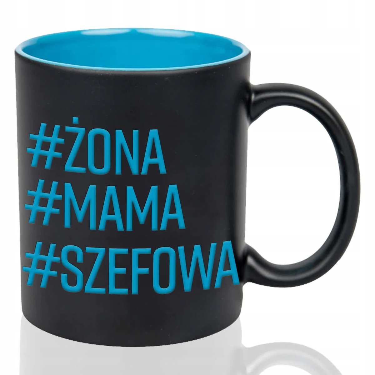 Kubek Czarny Wnętrze Niebieski #ŻONA #MAMA #SZEFOWA Grawer Mix Wzorów