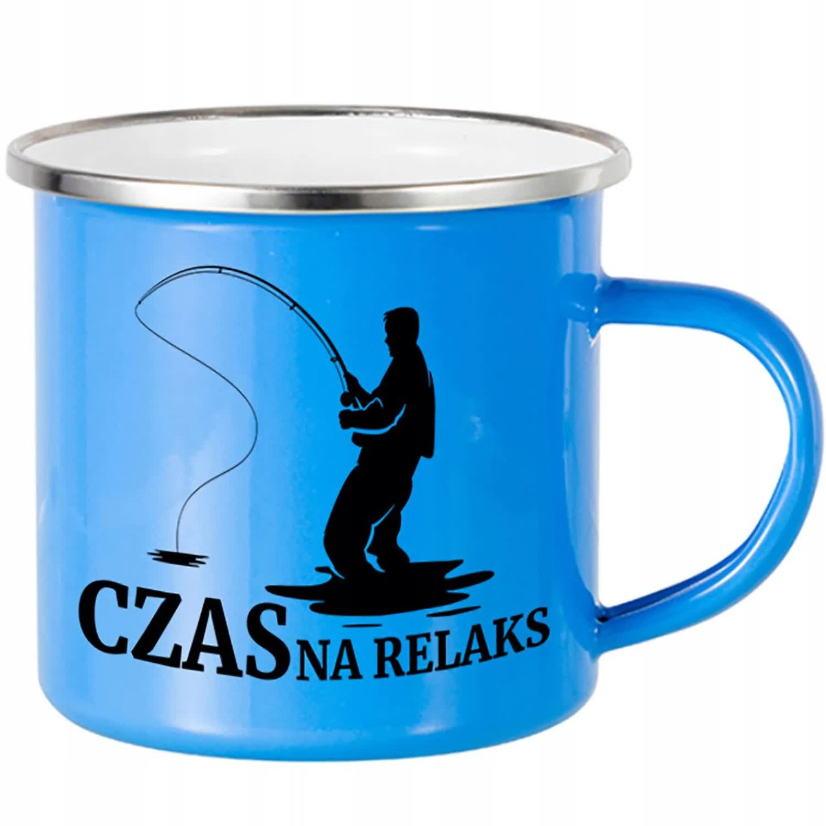 KUBEK STALOWY Emaliowany NIEBIESKI 250ml Czas na Relaks Wędkarstwo Wzory