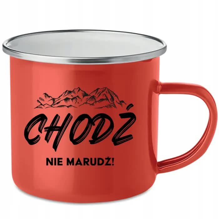 KUBEK Stalowy Emaliowany 250ml CZERWONY CHODŹ NIE MARUDŹ Górskie Góry Wzory