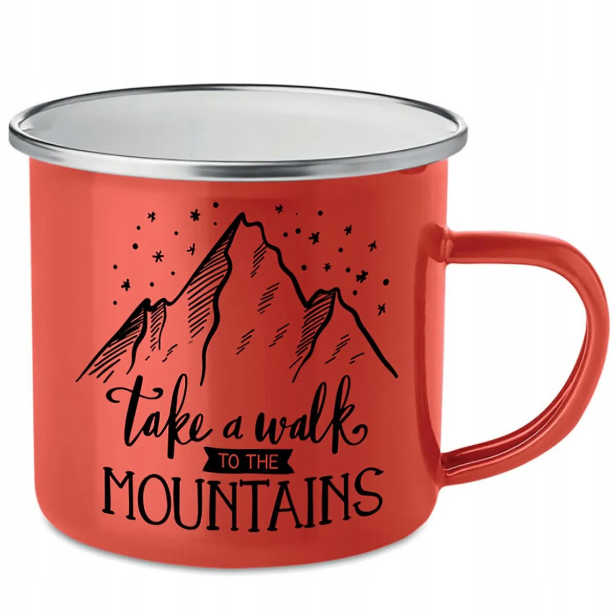 KUBEK STALOWY Emaliowany CZERWONY 250ml Take a walk TO THE MOUNTAINS Wzory