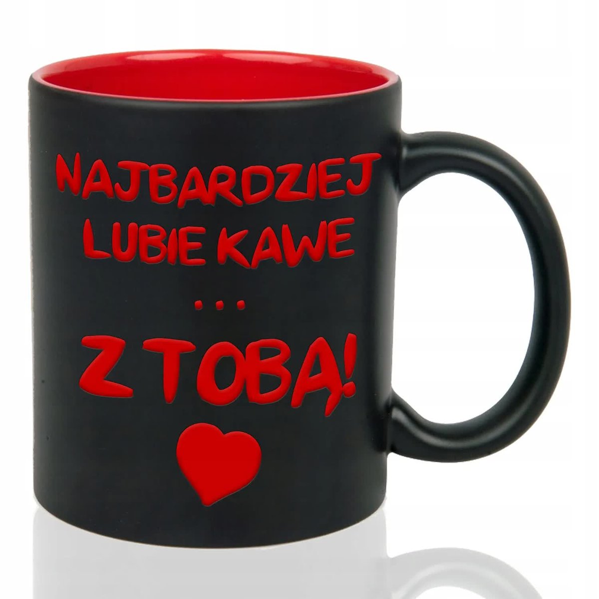 Kubek Czarny Wnętrze Czerwone NAJBARDZIEJ LUBIĘ KAWĘ Z TOBĄ Grawer Wzory