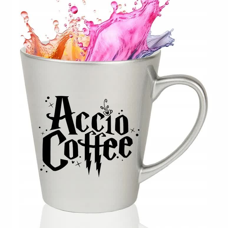 KUBEK LATTE SREBRNY Nadruk Na Prezent Dla Czarodziejki ACCIO COFFEE Wzory