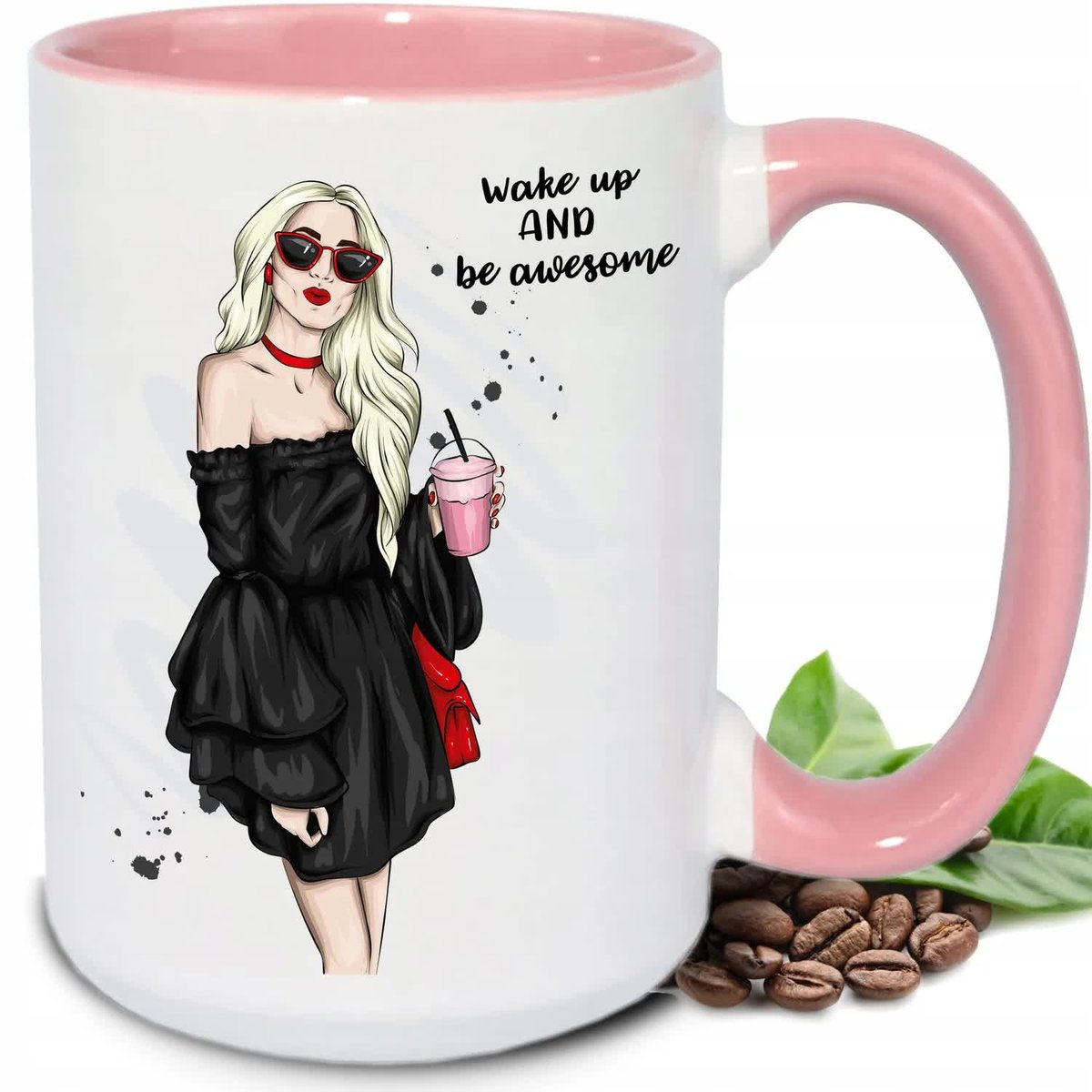 Kubek DUŻY BIAŁY Wake up and be awesome RÓŻÓWE UCHO I WNĘTRZE TOP100 WZORY