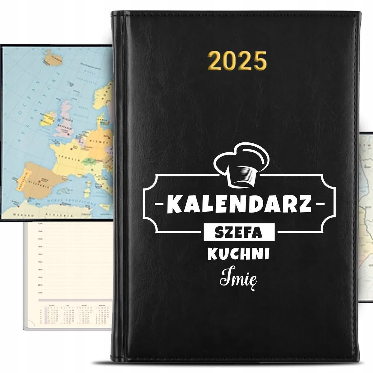 KALENDARZ 2025 Rok Książkowy Czarny Planer dla Szefa Kuchni IMIĘ KREATOR