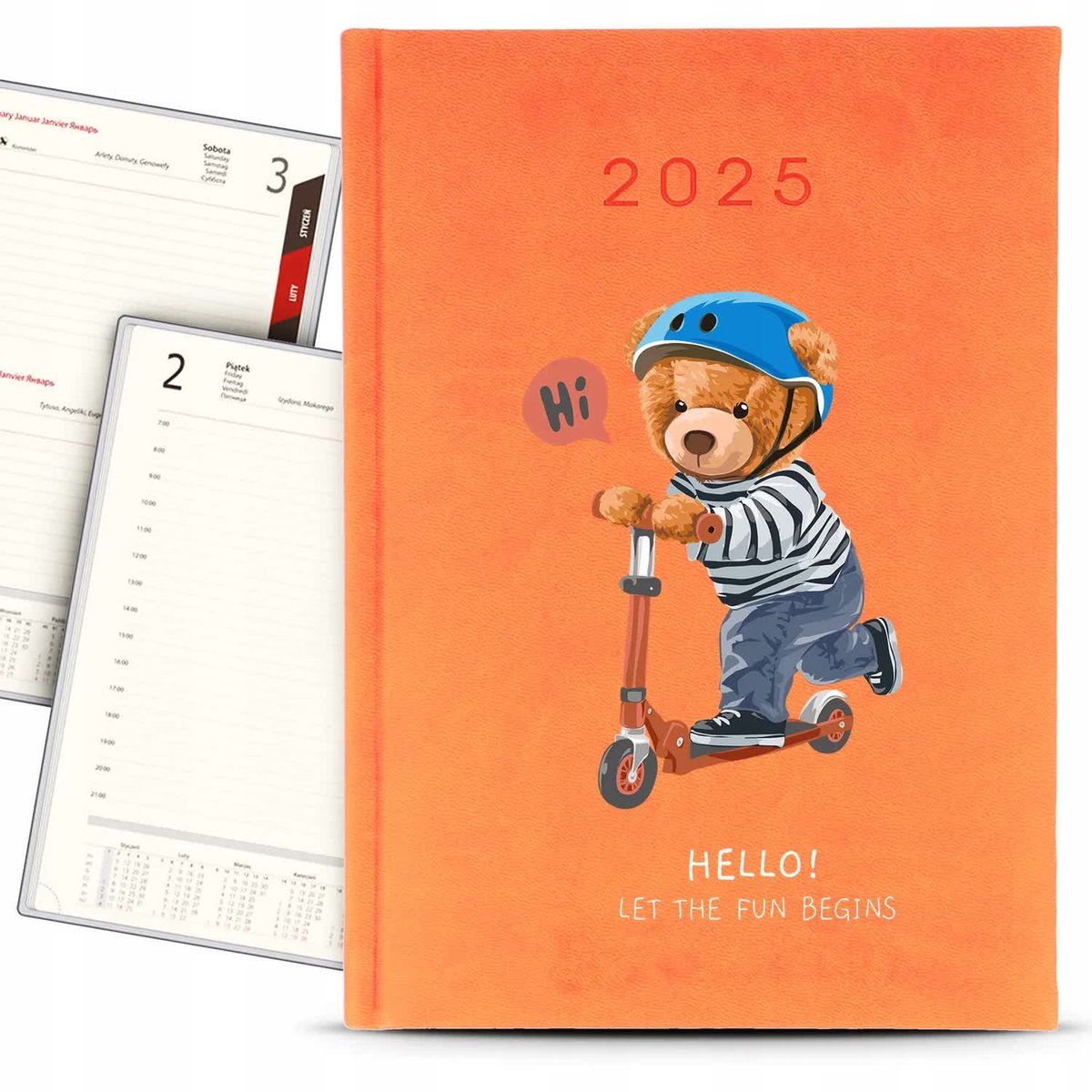 Kalendarz A5 2025 Pomarańczowy HELLO LET THE FUN BEGINS Terminarz Planer Wz