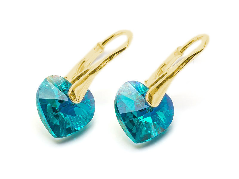 Kolczyki pozłacane srebro 925 z kryształami Swarovski Serca 10mm Blue Zircon AB