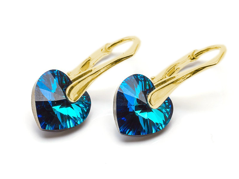 Kolczyki pozłacane srebro 925 z kryształami Swarovski Serca 10mm Bermuda Blue