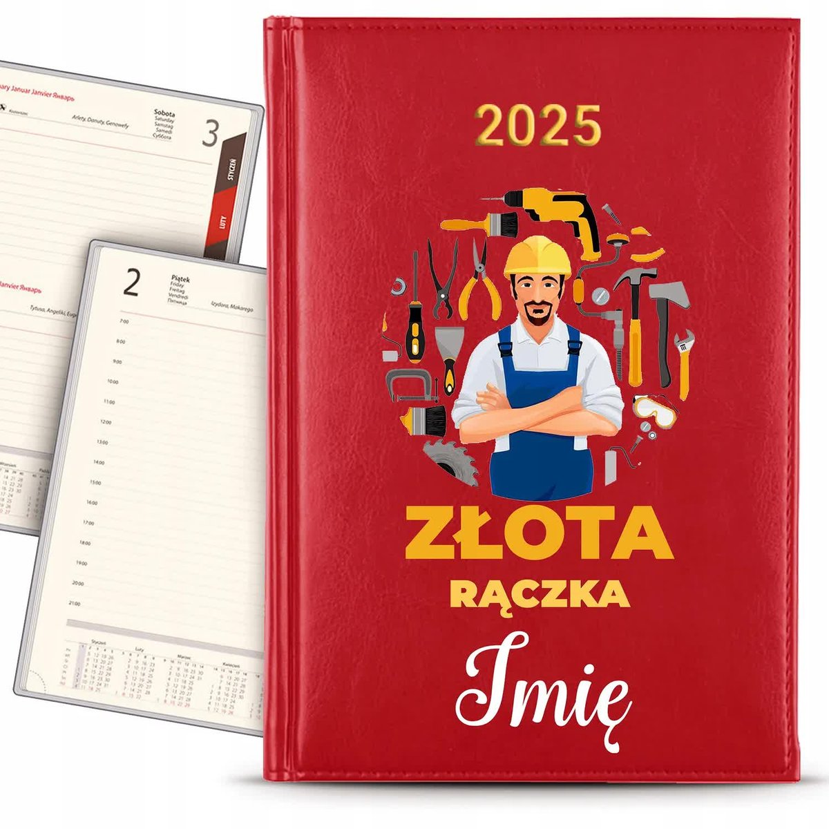 KALENDARZ 2025 Rok Książkowy CZERWONY Terminarz Planer Dekarza IMIĘ KREATOR