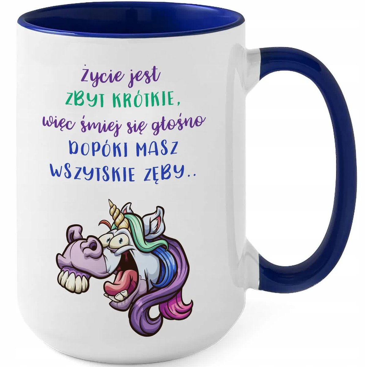 Kubek DUŻY Granatowy ŻYCIE JEST ZBYT KRÓTKE WIĘC ŚMIEJ SIĘ Wzory