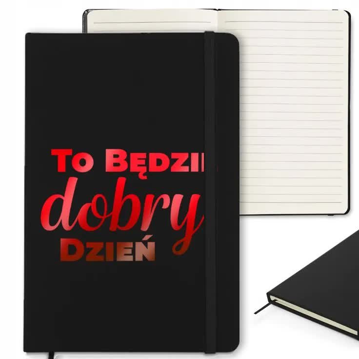 Czarny NOTES w Linię z Gumką To Będzie Dobry Dzień BŁYSZCZĄCE Wzory RED