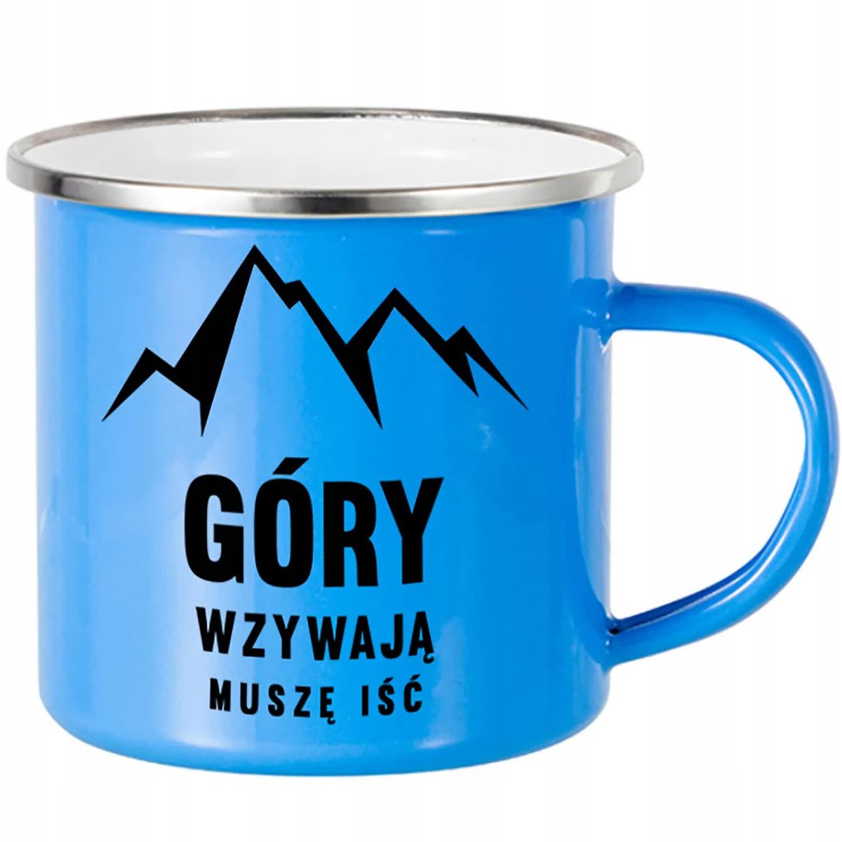 KUBEK STALOWY Emaliowany NIEBIESKI Tatry Góry Wzywają dal Taternika Wzory