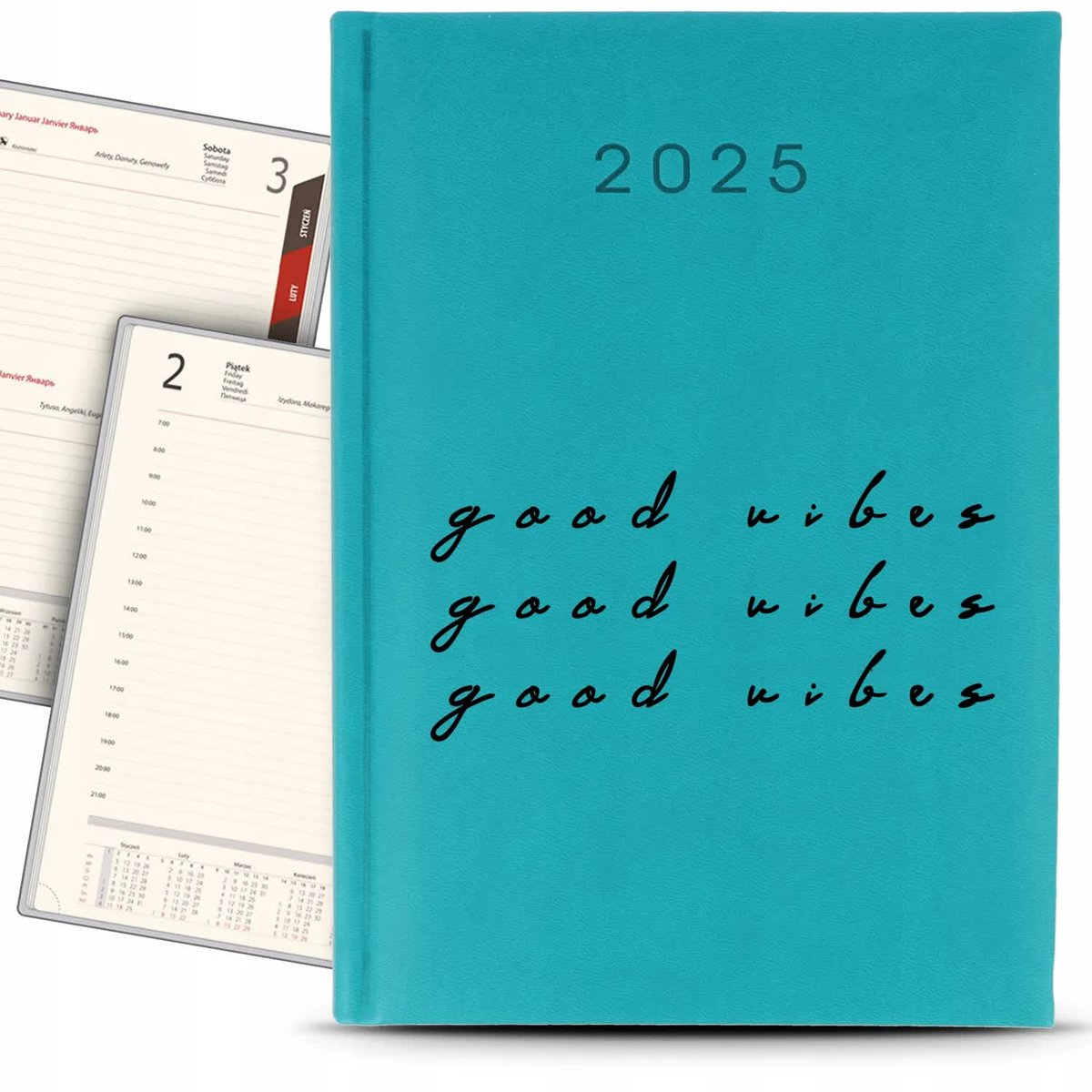 Kalendarz Książkowy A5 2025 Turkusowy GOOD VIBES Terminarz Dziennik Wzory