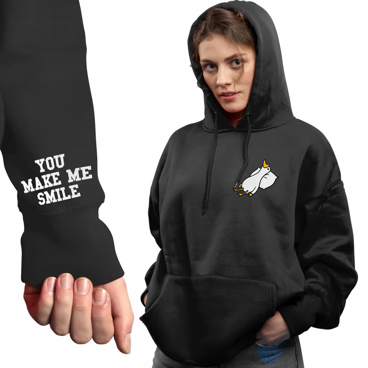 Modna Czarna Bluza Damska Z Kapturem You Make Me Smile Rozmiar L Top Wzory