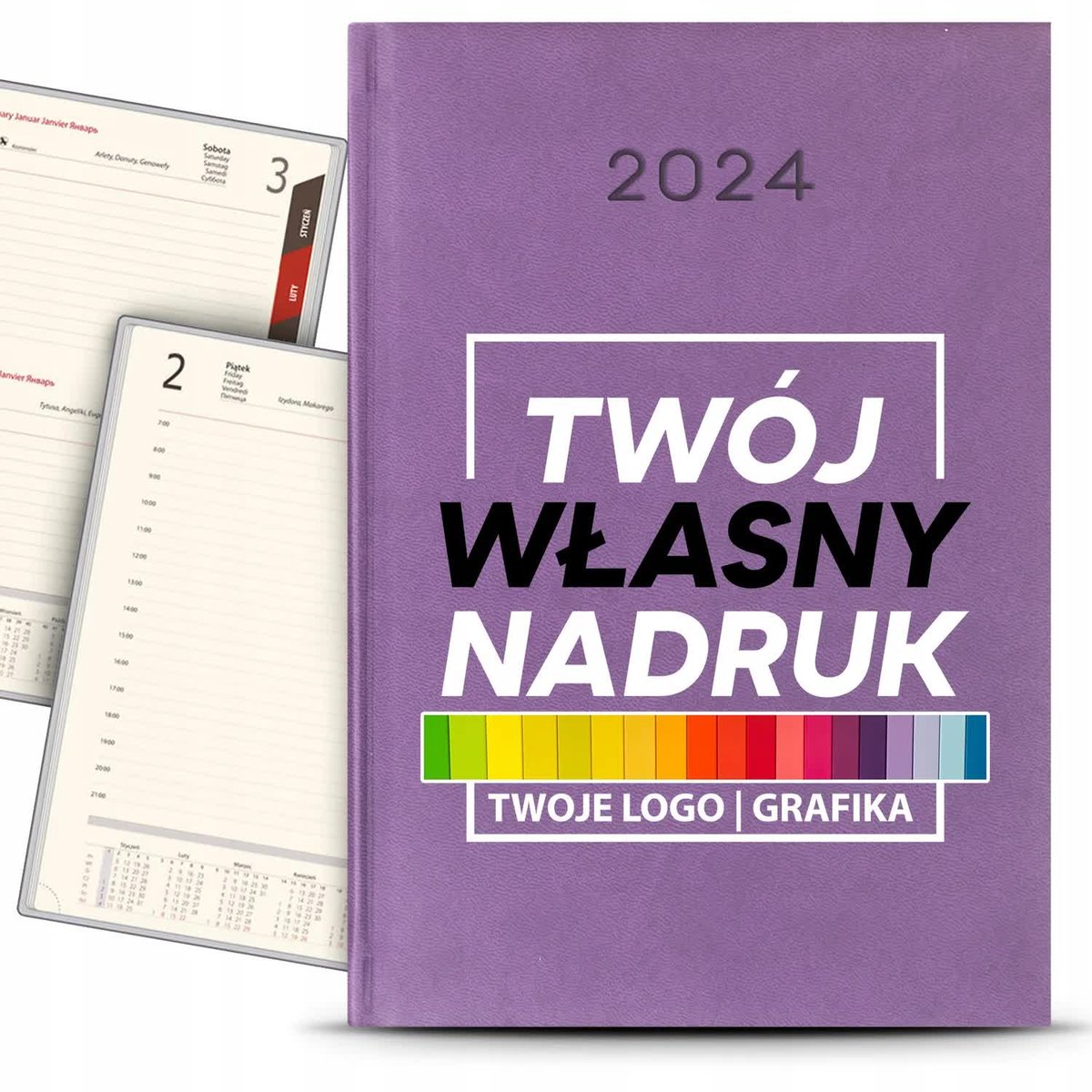 KALENDARZ Książkowy Dzienny A5 2024 Własny Nadruk LOGO Grafika Fioletowy