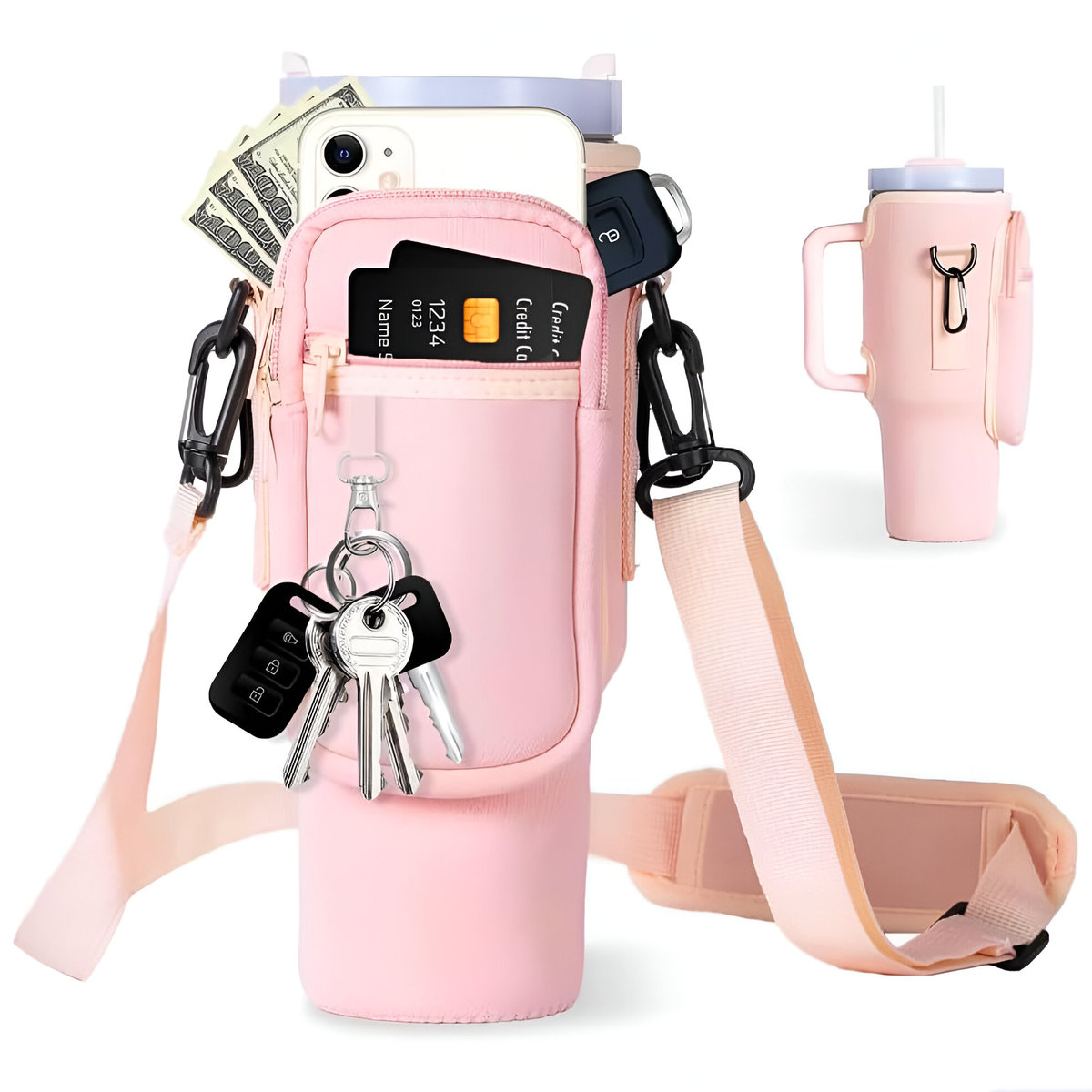 Torba na kubek termiczny, transportowa z kieszeniami neoprenowa z paskiem