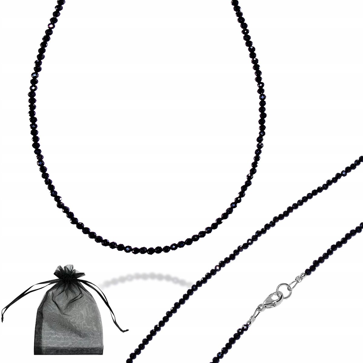 Czarny Turmalin faset 3mm Naszyjnik Choker Srebrne Zapięcie 925 dł. 50 cm