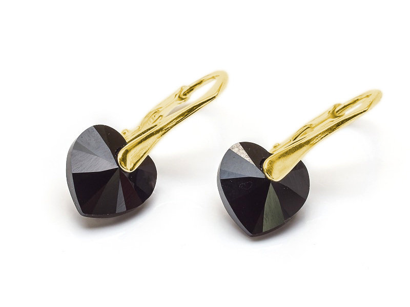 Kolczyki pozłacane srebro 925 z kryształami Swarovski Serca 10mm Jet