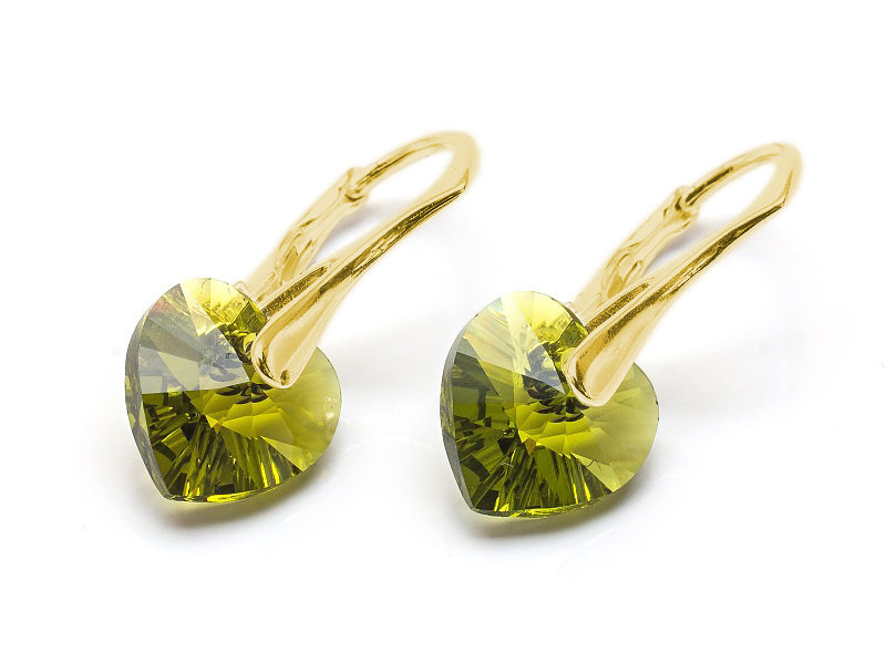 Kolczyki pozłacane srebro 925 z kryształami Swarovski Serca 10mm Olivine