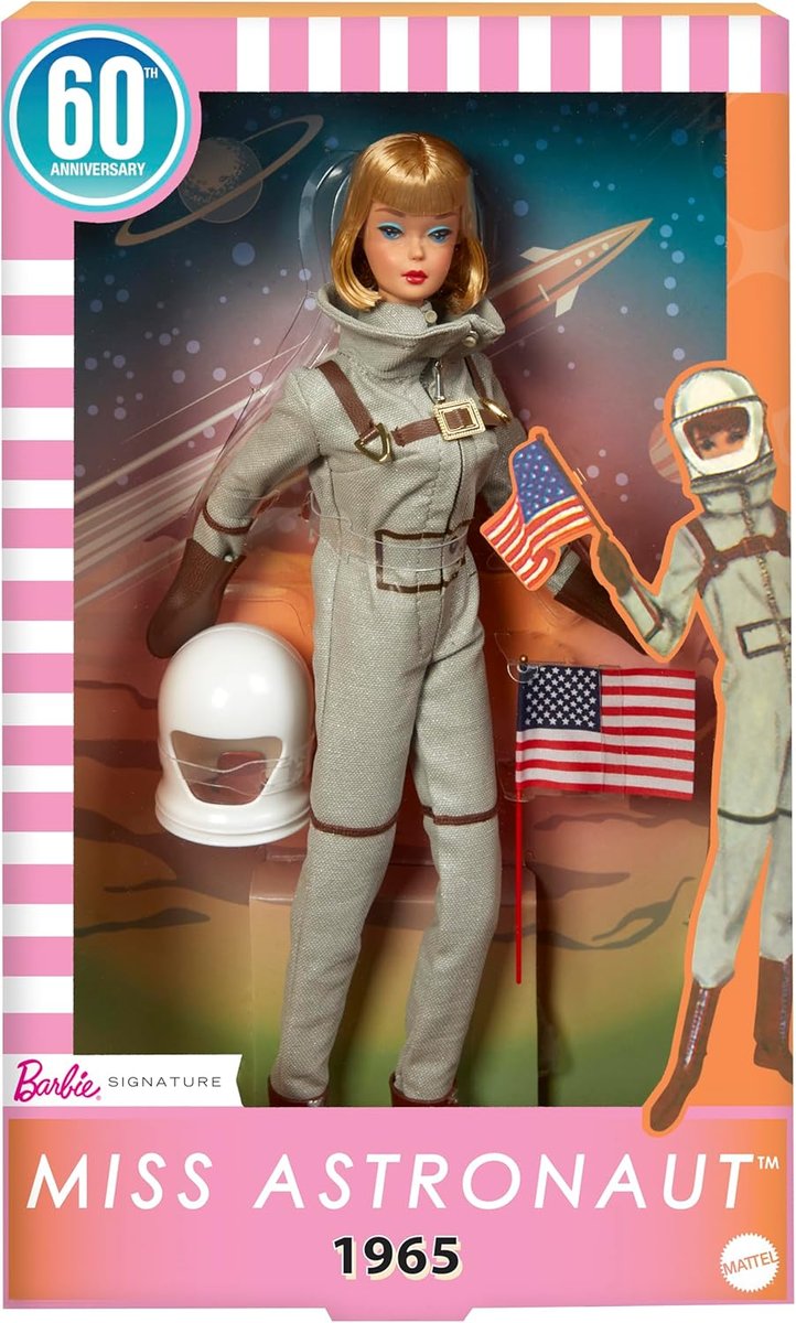 barbie miss astronaut 60th replika lalka kolekcjonerska w srebrnym skafandrze, butach i kasku astronauty reprodukcja lalki z 1965