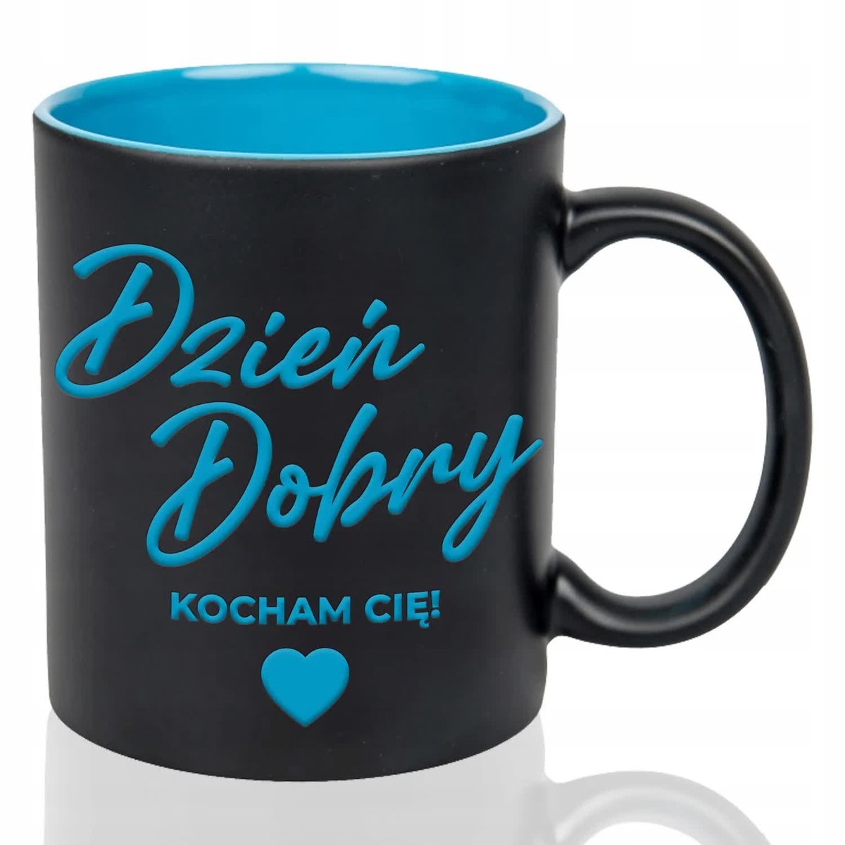 Kubek Czarny Wnętrze Niebieski DZIEŃ DOBRY KOCHAM CIĘ Grawer Wzory