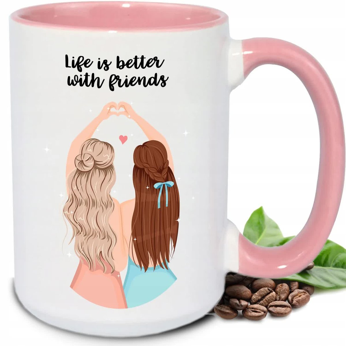 Kubek DUŻY BIAŁY Life is better with friends RÓŻÓWE UCHO I WNĘTRZE WZORY