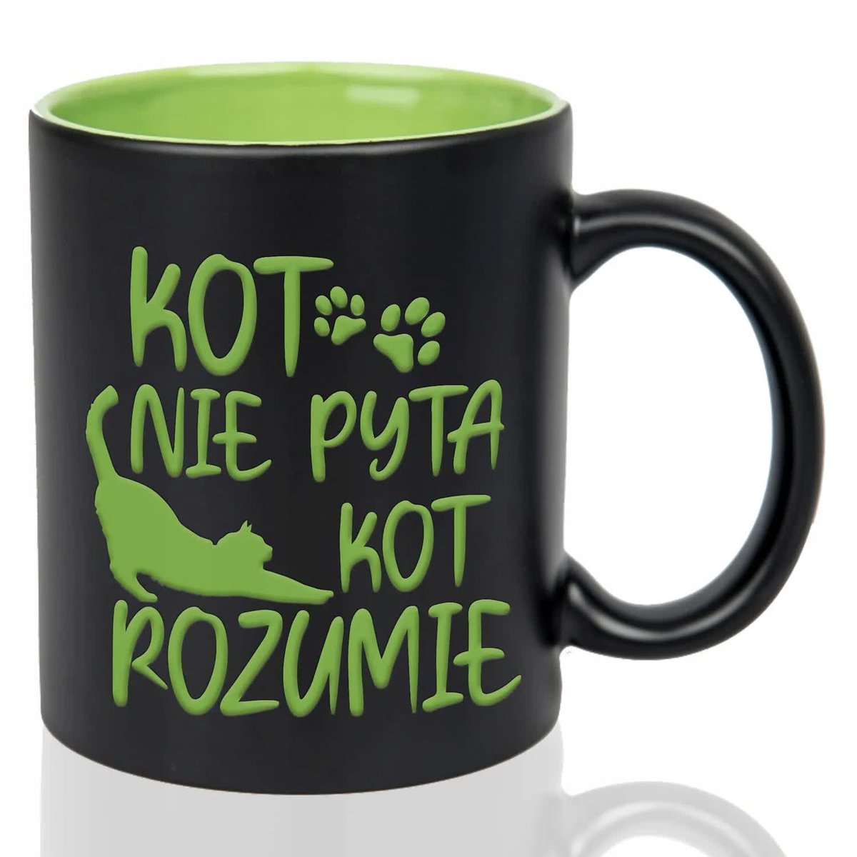 Kubek Czarny Wnętrze Zielone KOT NIE PYTA KOT ROZUMIE Grawer Wiele Wzorów