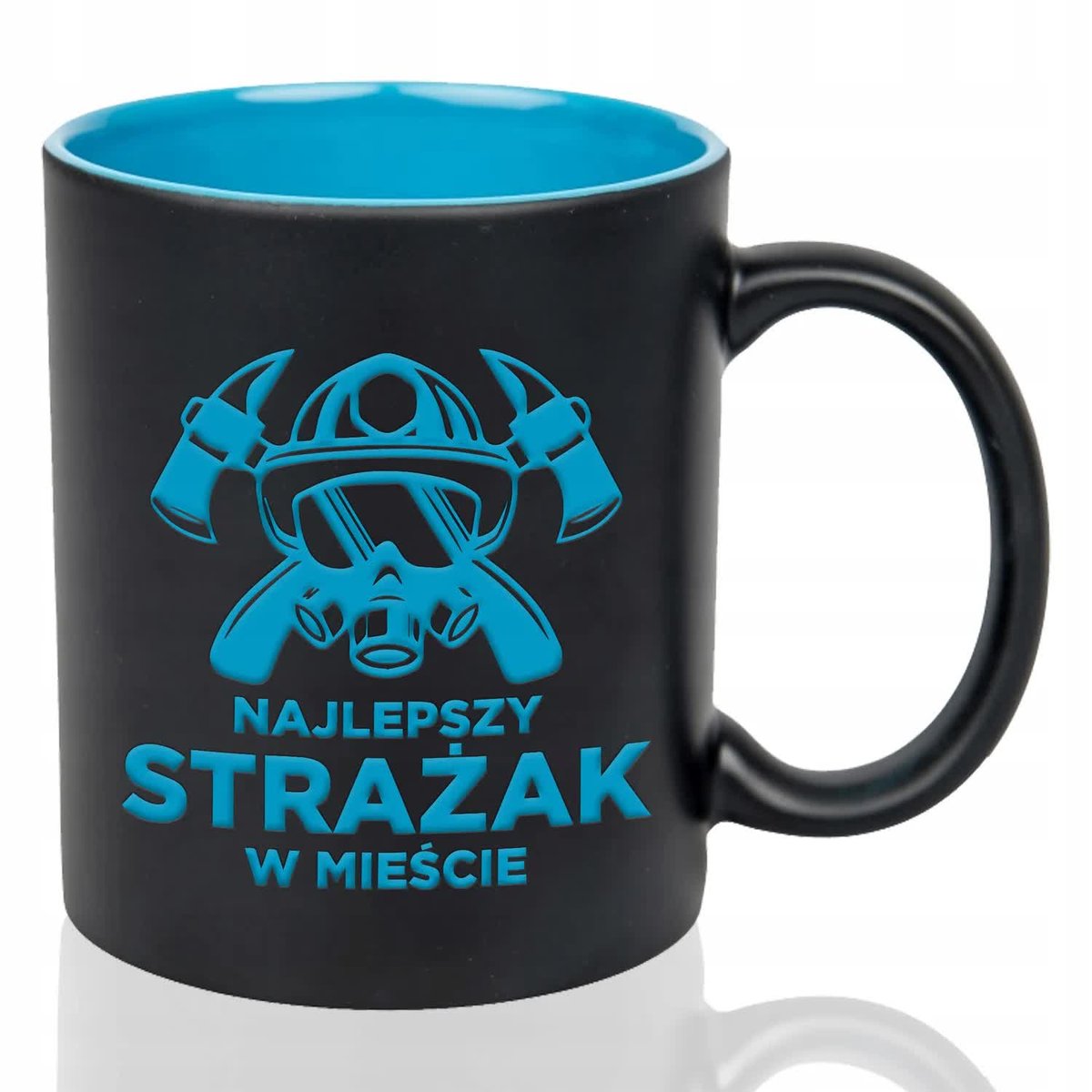 Kubek Czarny Wnętrze Niebieskie NAJLEPSZY STRAŻAK W MIEŚCIE Grawer Wzory