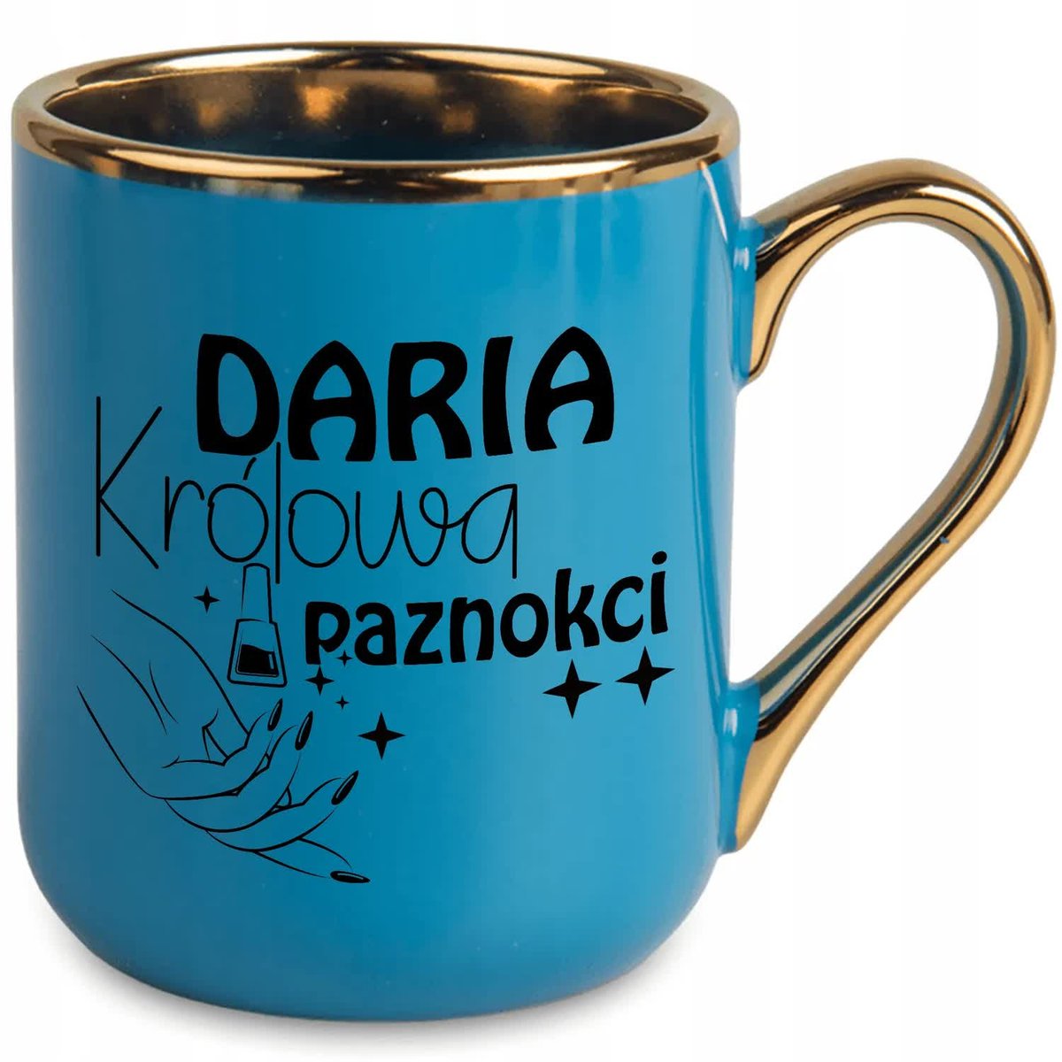 KUBEK 330 ML NIEBIESKI UCHO RANT ZŁOTY PREZENT DLA STYLISTKI PAZNOKCI IMIĘ