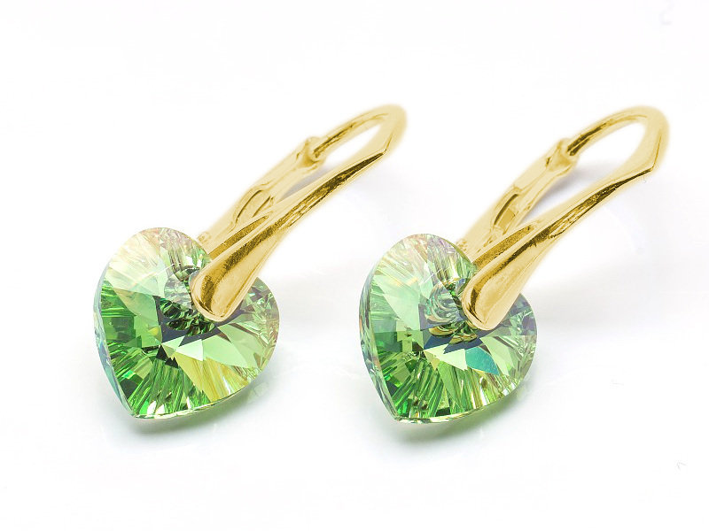 Kolczyki pozłacane srebro 925 z kryształami Swarovski Serca 10mm Peridot AB