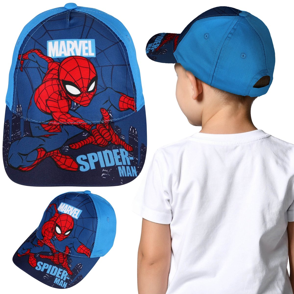 MARVEL Spider Man Niebieska BAWEŁNIANA czapka z daszkiem dla chłopca, regulowana bejsbolówka 54 cm