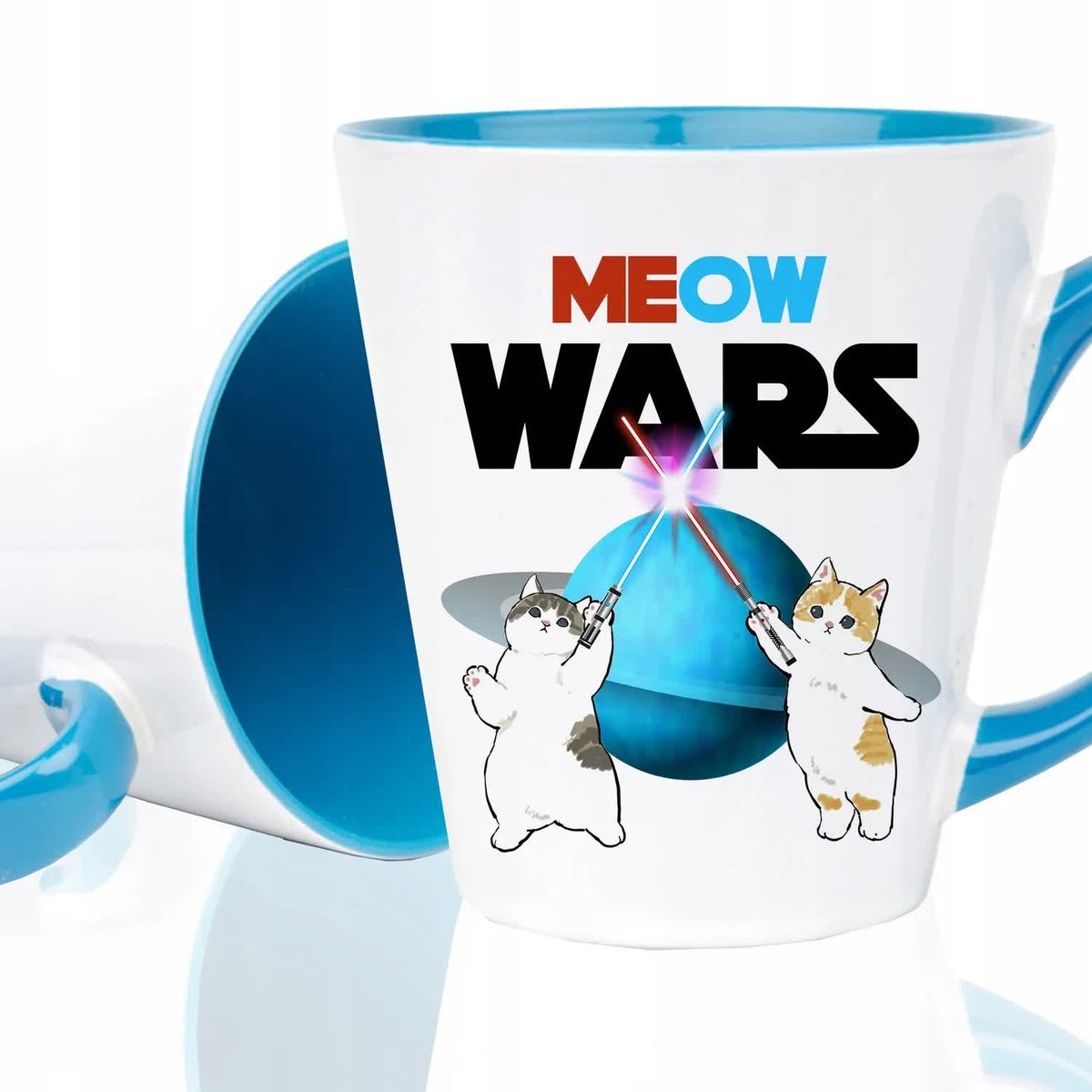KUBEK LATTE NIEBIESKI Na Prezent Urodziny Miłośników Kotów MEOW WARS Wzory