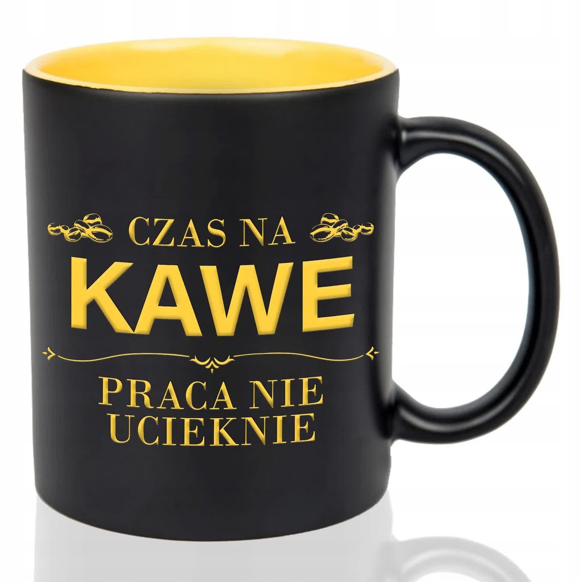 Kubek Czarny Wnętrze Żółte CZAS NA KAWE Grawer Na Prezent Mix Wielu Wzorów