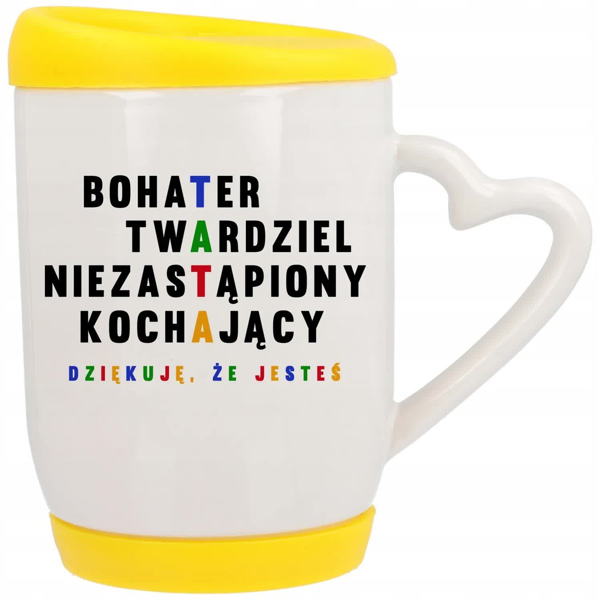 Kubek Ucho z Sercem z Pokrywką Żółta Bohater Twardziel Dziękuję TATO Wzory
