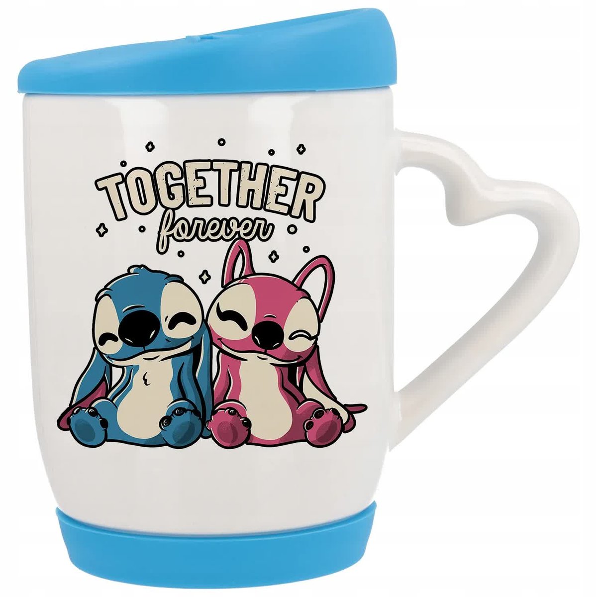 Kubek z Uchem z Sercem z Pokrywka Niebieska TOGETHER FOREVER Stich Wzory