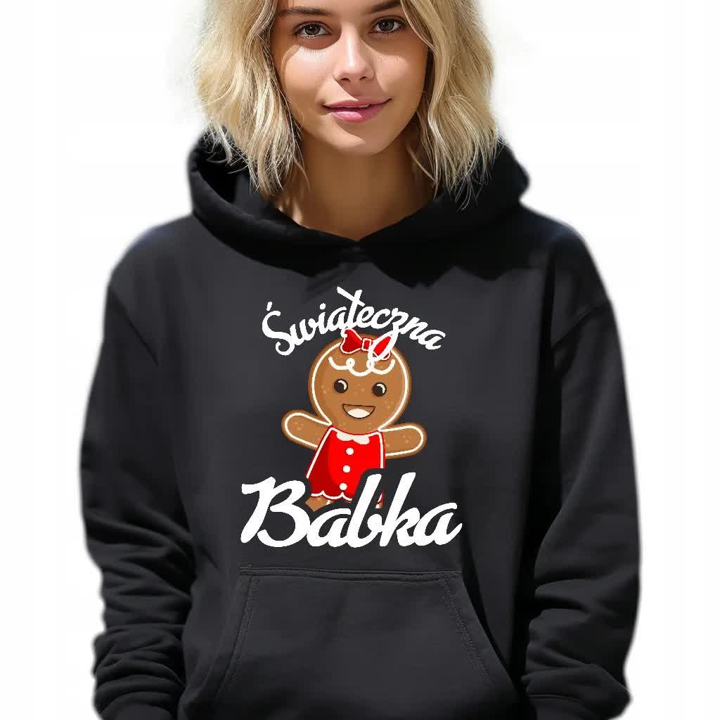 Bluza Damska Czarna Z Kapturem L Matching Dla Par Świąteczna Babka Wzory