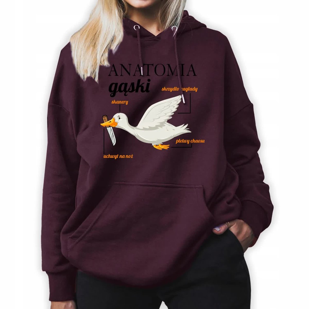 Bluza Damska Burgundowa Z Kapturem Na Prezent Anatomia Gąski Gęś Wzory - Xl