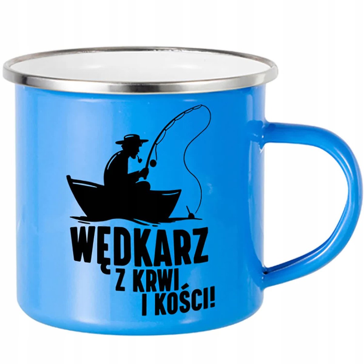 KUBEK STALOWY Emaliowany NIEBIESKI 250ml Wędkarz Z Krwi i Kości Łódka Wzory
