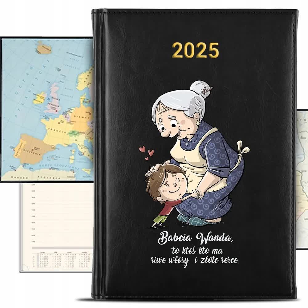 KALENDARZ 2025 Książkowy Czarny Planer Dla BABCI Złote Serce IMIĘ KREATOR