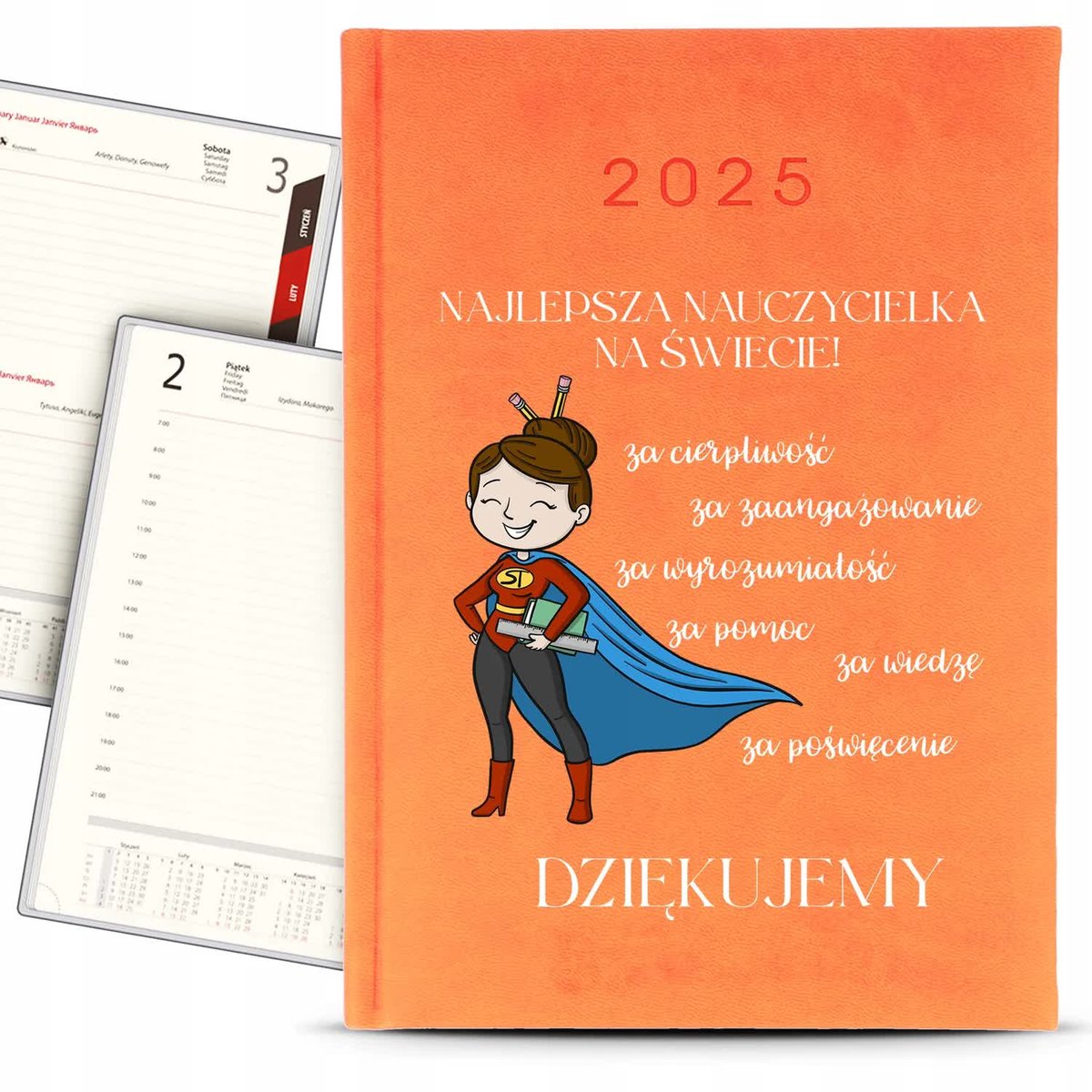 Kalendarz A5 2025 Pomarańczowy NAJLEPSZA NAUCZYCIELKA NA ŚWIECIE Planer Wz